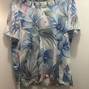 Floral Blue,Pink, and Gray Women's Top Embellished decorative studs on neckline